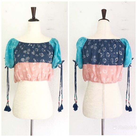 KOPAL Off The Shoulder Crop Top Cotton Short Sleeve Anthro Blue Pink Small New‎ - Picture 1 of 11